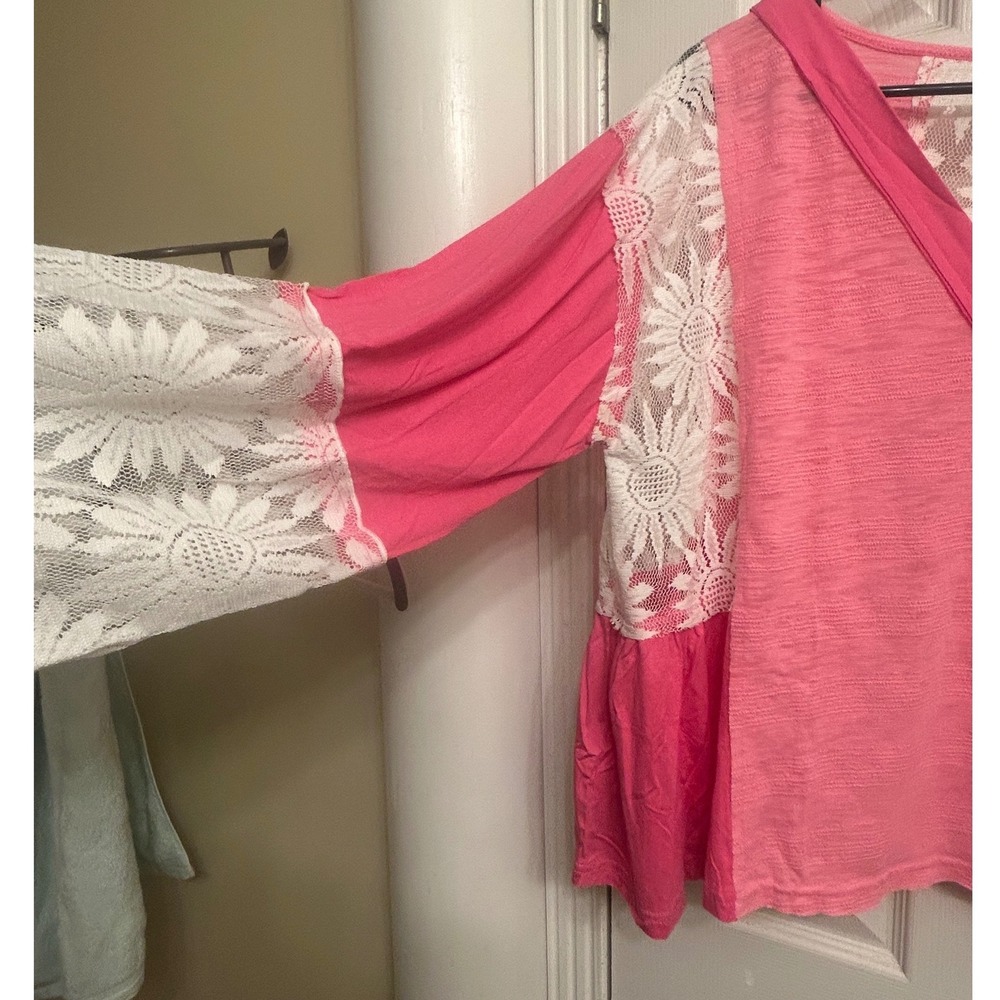 POL Pink Lace Crochet Long Sleeve V-Neck Top YKT1111 Pink White Floral Boho Lg - Picture 6 of 6